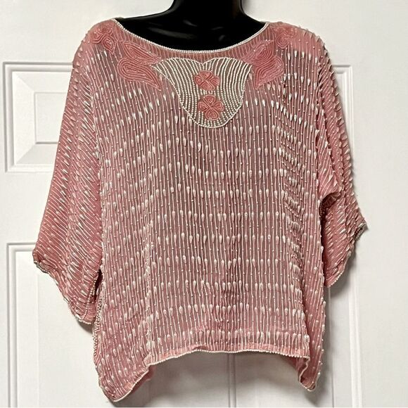 Vtg 80s Silk Pastel Pink Pearl Boho Boxy Beaded Sequin Drop Shoulder Dress M - Picture 1 of 14
